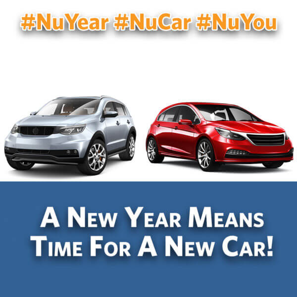 A new year means time for a new car in words and a picture of a silver SUV and a red car
