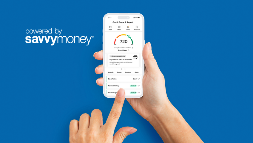 SavvyMoney on mobile phone blue background