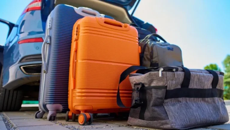packed suitcases in front of car