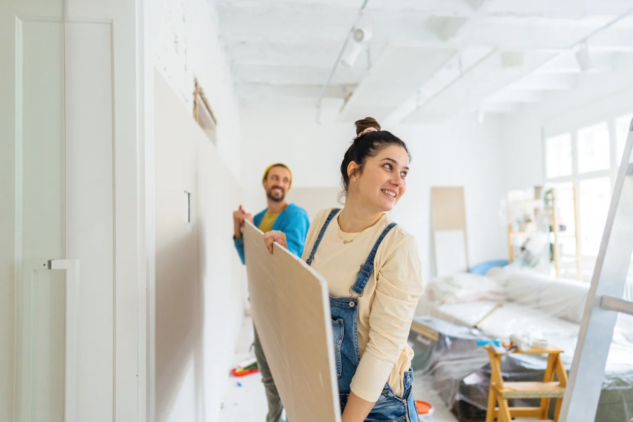 Couple holding board