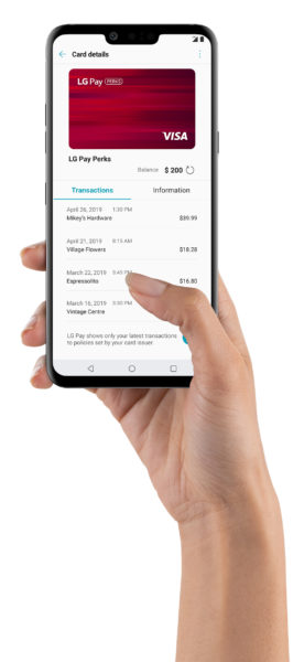 hand holding phone with LG Pay on the screen.